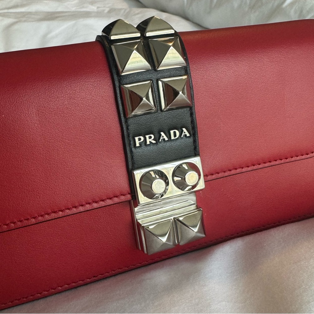 Prada ‘Elektra’ Stud Wallet on Chain - Bold Red with Silver Hardware